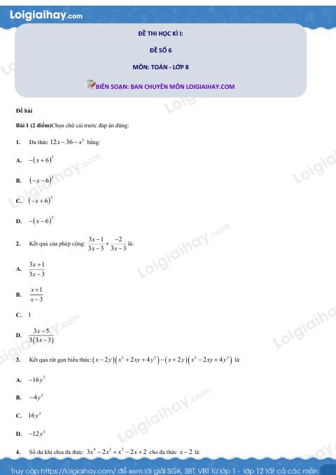 Đề số 6 - Đề kiểm tra học kì 1 - Toán 8